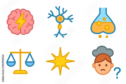 Neurotransmitter Icons Grid. Flat vector mini-illustrations Neurotransmitter imbalance in colors children's illustrations: brain