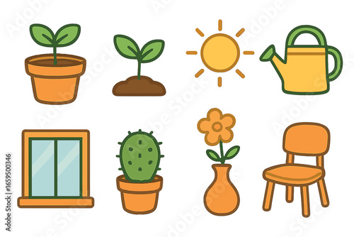 Child's Botanical Icons. Flat vector mini-illustrations greenery and mood improvement in colors children's