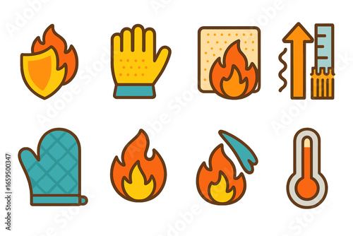 Heat Resistance Icons. Flat vector mini-illustrations heat resistance in colors children's illustrations: heat shield, insulated