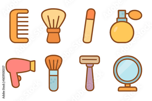 Grooming Tools Icons. Flat vector mini-illustrations grooming refinement in colors children's illustrations: comb, shaving brush,
