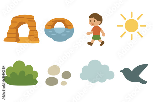 Nature Arches and Geysers. Flat vector mini-illustrations natural stone arches and bridges in colors children's illustrations: