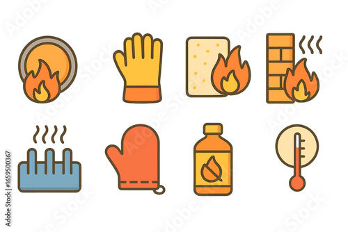 Heat Resistance Icons. Flat vector mini-illustrations heat resistance in colors children's illustrations: heat shield, insulated