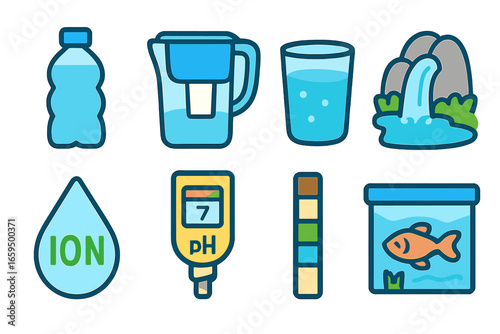 Alkaline Water Icons. Flat vector mini-illustrations alkaline water concepts in colors children's illustrations: water bottle,