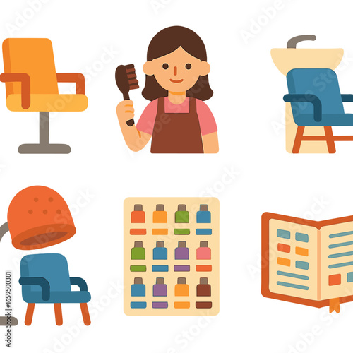 Child's Hair Salon Icons. Flat vector mini-illustrations Hair salon setting in colors children's illustrations