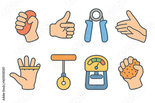 Hand Exercise Icons. Flat vector mini-illustrations hand strength exercises in colors children's illustrations: squeezing stress