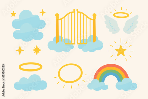 Heavenly Children's Scene. Flat vector mini-illustrations Heaven in colors children's illustrations: fluffy clouds, golden gates,