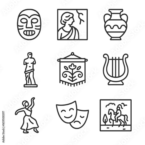 Ancient Art Icon Set. Outline icon set of ancient art and culture: mask, fresco, pottery, statue, tapestry, musical instrument,