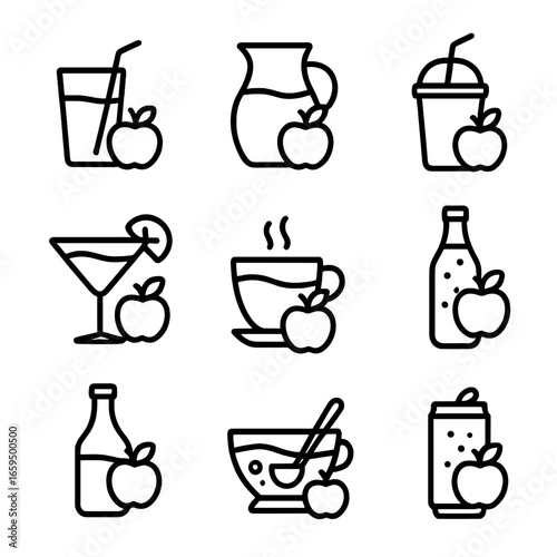 Apple Beverage Icons. Outline icon set of apple beverages: apple juice, apple cider, apple smoothie, apple cocktail, apple tea,