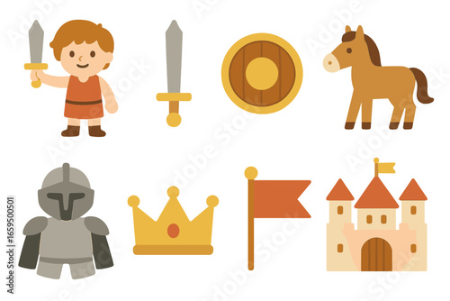 Heroic Tales Icons. Flat vector mini-illustrations heroic tales in colors children's illustrations: hero, sword, shield, horse,