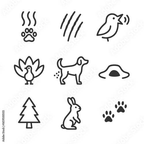 Animal Territory Icons Set. Outline icon set of territorial signals: scent mark, scratch marks, vocal call, feather display, urine