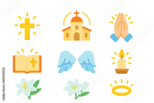 Holy Icon Grid. Flat vector mini-illustrations holiness in colors children's illustrations: shining cross, temple, glowing book,