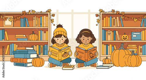 Adobe illustrator artwork vector illustration. Two cute girls reading books in a cozy autumn-themed library with bookshelves, pumpkins, and fall leaf decorations, perfect for seasonal and educational 