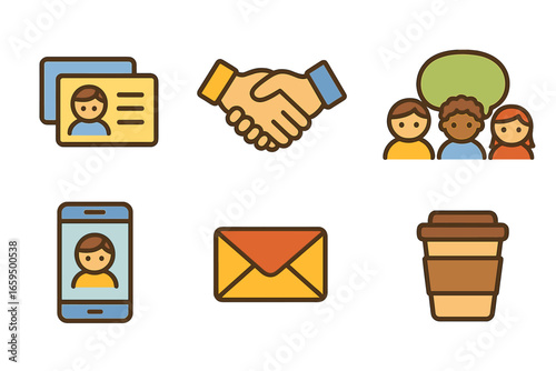 Childlike Business Icons. Flat vector mini-illustrations business networking in colors children's