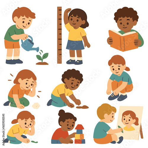 Childhood Growth Icons. Flat vector mini-illustrations personal growth in colors children's illustrations: