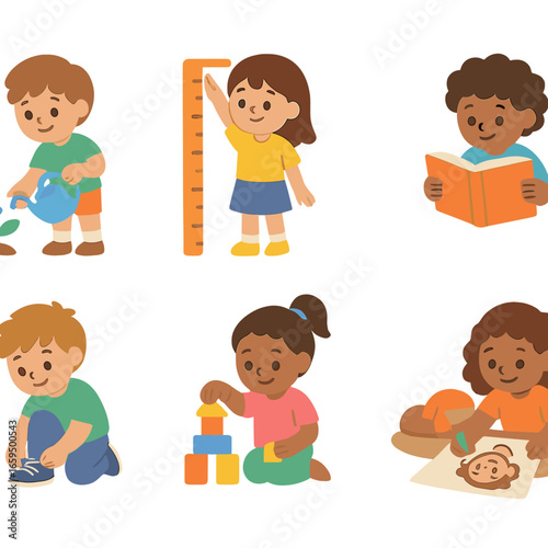 Childhood Growth Icons. Flat vector mini-illustrations personal growth in colors children's illustrations: