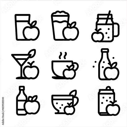 Apple Beverage Icons. Outline icon set of apple beverages: apple juice, apple cider, apple smoothie, apple cocktail, apple tea,