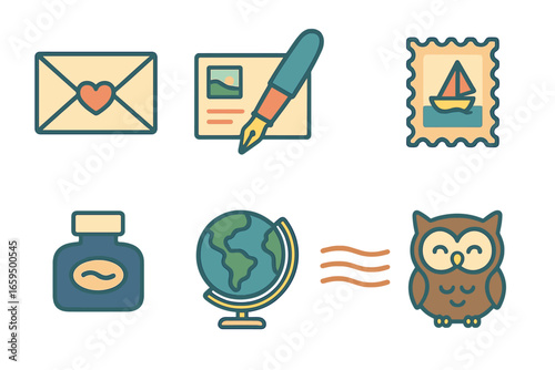 Pen Pal Icons. Flat vector mini-illustrations Pen pal correspondence in colors children's illustrations: envelope, postcard,