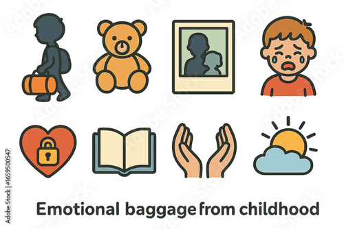 Childhood Emotional Icons. Flat vector mini-illustrations Emotional baggage from childhood in colors