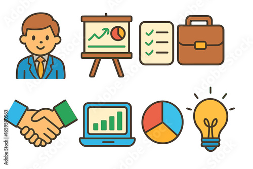 Childlike Business Icons. Flat vector mini-illustrations Business consultants in colors children's