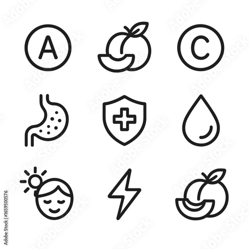 Apricot Health Icons. Outline icon set of apricot health benefits: vitamin A, vitamin C, fiber, antioxidants, digestion, immune