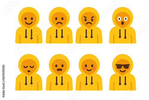 Hoodie Mood Icons. Flat vector mini-illustrations hoodie emotions in colors children's illustrations: happy hoodie, sad hoodie,