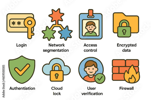 Childlike Cybersecurity Icons. Flat vector mini-illustrations Zero trust architecture in colors children's