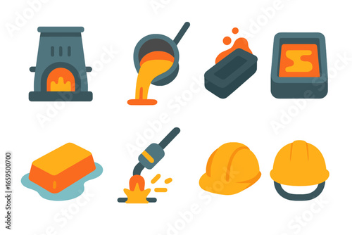 Industrial Melting Icons. Flat vector mini-illustrations industrial melting in colors children's illustrations: steel furnace,