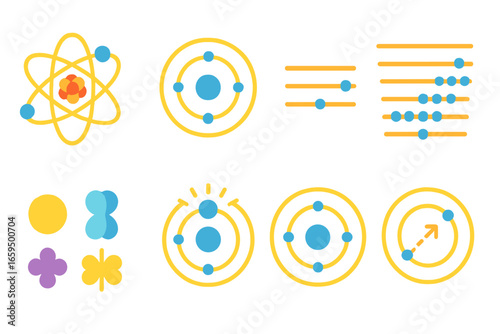 Atomic Shells for Kids. Flat vector mini-illustrations shell in atomic physics in colors children's illustrations: atomic shell