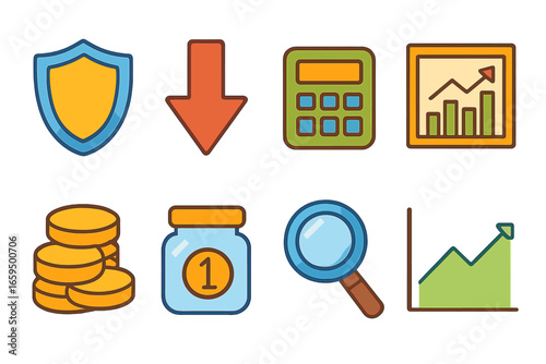 Childlike Risk Management Icons. Flat vector mini-illustrations risk management in colors children's