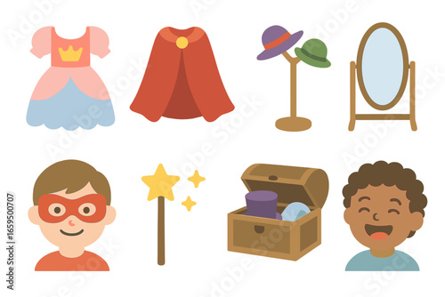 Playful Dress-Up Icons. Flat vector mini-illustrations dress up and pretend play in colors children's illustrations: princess