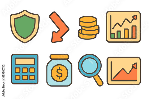 Childlike Risk Management Icons. Flat vector mini-illustrations risk management in colors children's