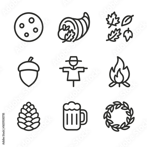 Autumn Icon Set. Outline icon set of autumn symbols: harvest moon, cornucopia, falling leaves, acorn, scarecrow, bonfire, pinecone
