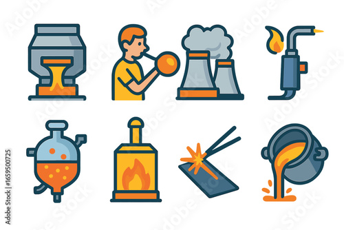 Industrial Processes Icons. Flat vector mini-illustrations industrial exothermic processes in colors children's illustrations: