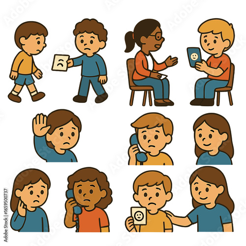 Children Seeking Help Icons. Flat vector mini-illustrations seeking help in colors children's illustrations:
