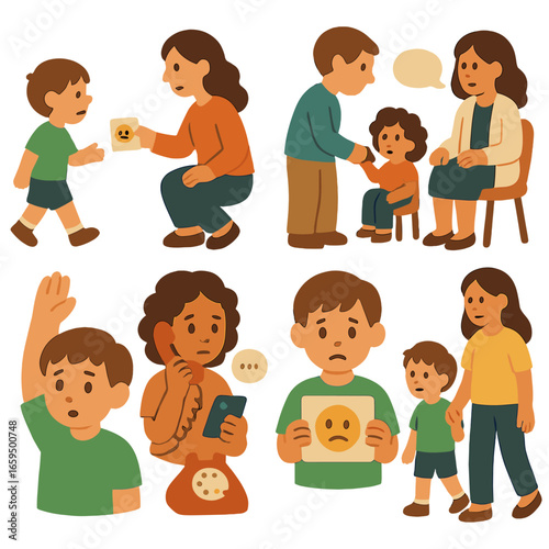 Children Seeking Help Icons. Flat vector mini-illustrations seeking help in colors children's illustrations: