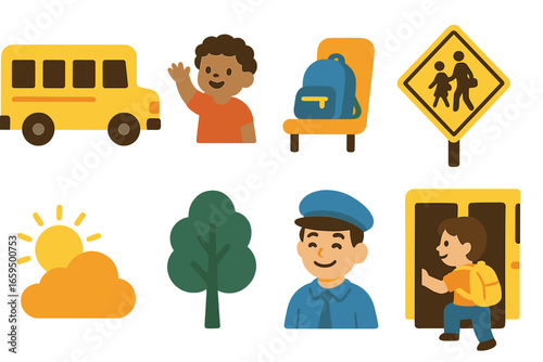 Playful School Bus Adventure. Flat vector mini-illustrations school bus ride in colors children's illustrations: yellow school bus