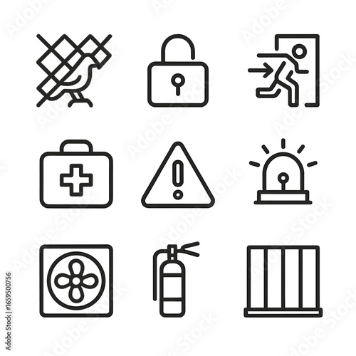 Aviary Safety Icons. Outline icon set of aviary safety: predator net, lock mechanism, emergency exit, first aid kit, warning sign,