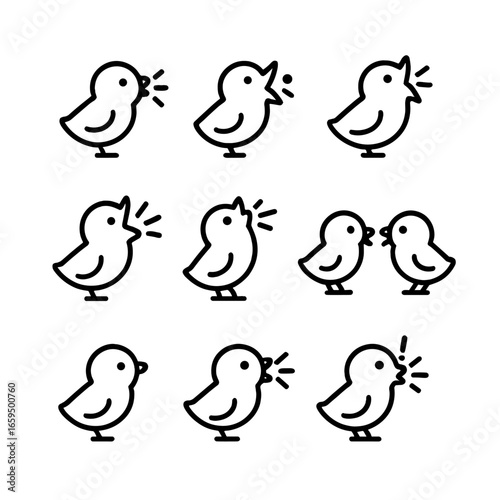Baby Bird Sound Icons. Outline icon set of baby bird sounds: chirp, peep, begging call, distress call, parent call, sibling calls,