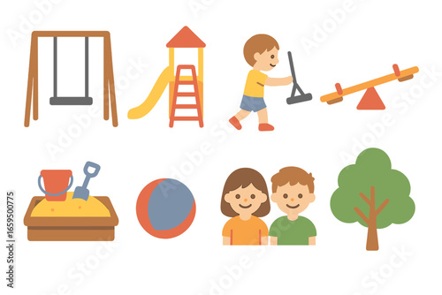 Playground Fun Icons. Flat vector mini-illustrations playground playdates in colors children's illustrations: swing set, slide,