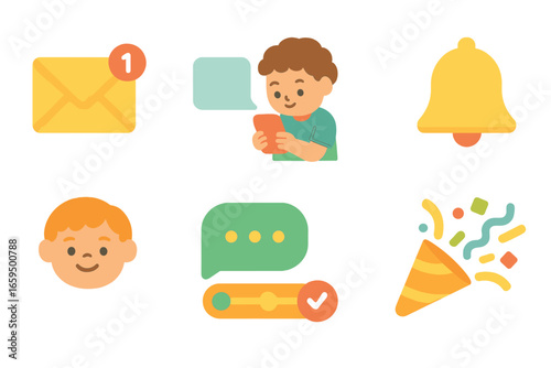 Playful Notification Icons. Flat vector mini-illustrations e commerce customer notifications in colors children's illustrations: