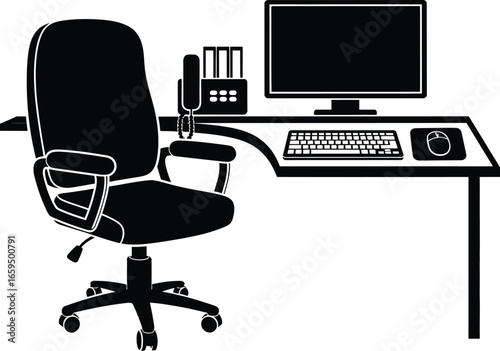 Office desk with computer and chair, representing a workspace for digital work, business, and technology
