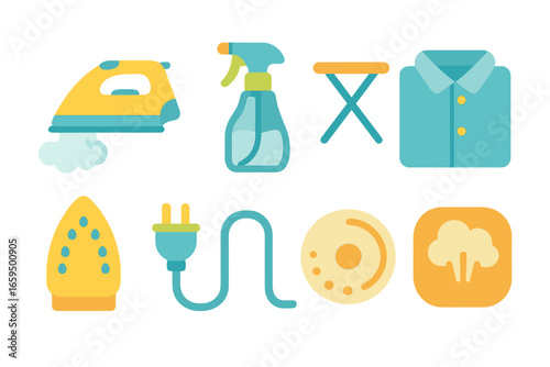 Ironing Essentials Icons. Flat vector mini-illustrations steam iron in colors children's illustrations: steam iron, water spray