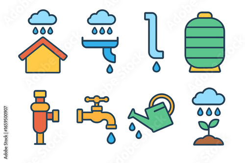 Rainwater Harvesting Icons. Flat vector mini-illustrations Rainwater harvesting methods in colors children's illustrations: