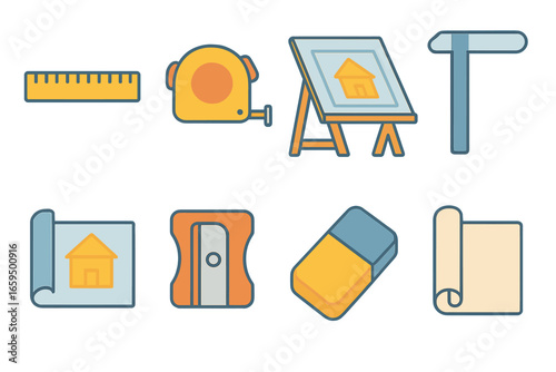 Children's Architecture Tools. Flat vector mini-illustrations Measurement in architecture in colors children's