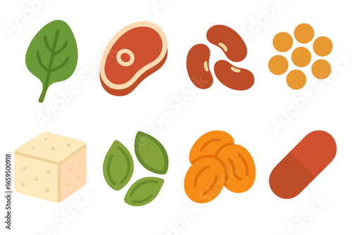 Iron-Rich Foods Icons. Flat vector mini-illustrations iron-rich foods in colors children's illustrations: spinach leaf, red meat