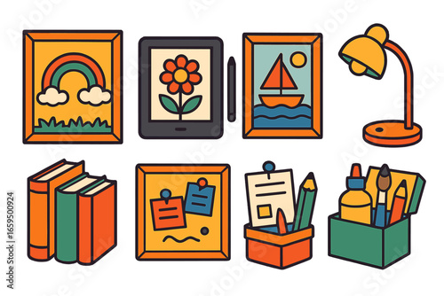 Children's Art Corner. Flat vector mini-illustrations Digital art in kids’ rooms in colors children's