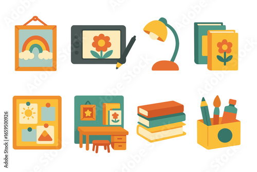 Children's Art Corner. Flat vector mini-illustrations Digital art in kids’ rooms in colors children's
