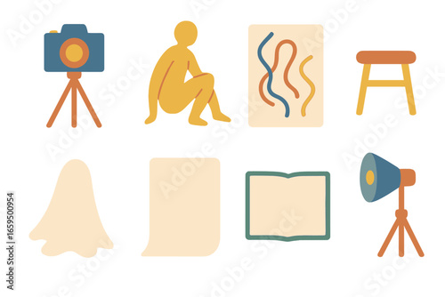 Children's Art Studio Icons. Flat vector mini-illustrations Modern fine art photography in colors children's