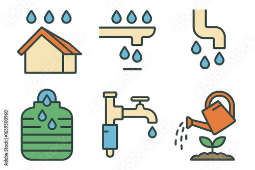 Rainwater Harvesting Icons. Flat vector mini-illustrations Rainwater harvesting methods in colors children's illustrations: