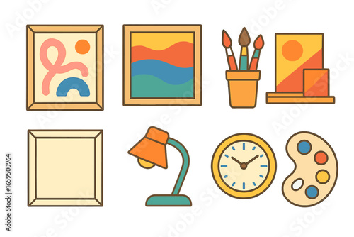Children's Art Studio Icons. Flat vector mini-illustrations art studio wall frames in colors children's
